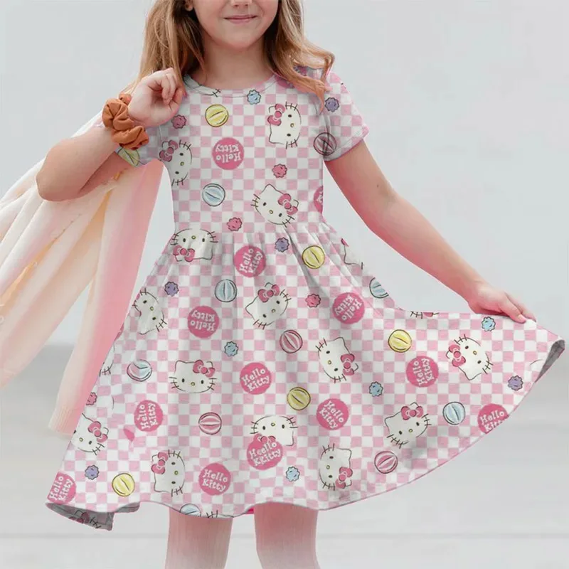 فستان بناتي بأكمام قصيرة لعام 2025 تنورة كورومي هالو كيتي مطبوعة ملابس صيفية جديدة ملابس أصلية ملابس نوم للأطفال