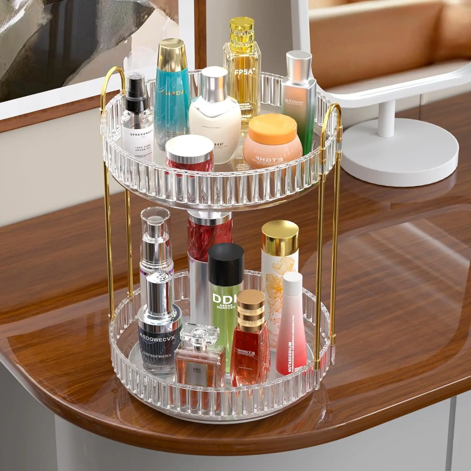 Tyrixma Makeup Organizer for Vanity, 2 Tier Perfume Skincare Organizers and Storage for Bathroom Countertop, Clear Spinning Counter Cosmetic Holder for Dresser.