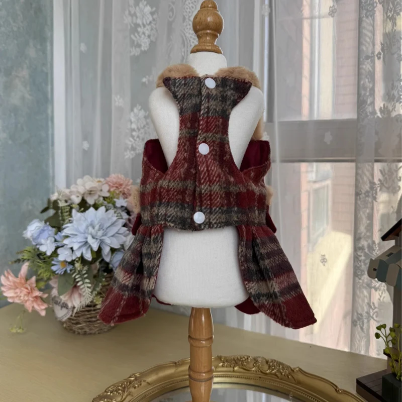 Retro Wine Red Woolen Grid Skirts Puppy Dog Cat Clothing Winter Plush Warm Sling Dresses For Small Medium Dog Poodle Pet Clothes