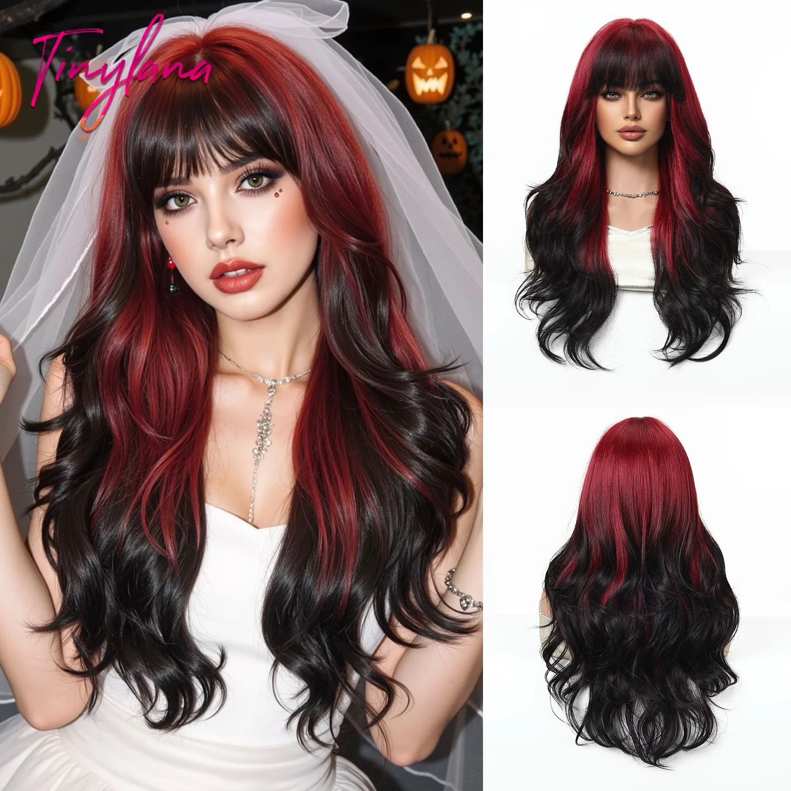 Long Red Black Ombre Wave Synthetic Wigs with Bangs for Women Daily Cosplay Halloween Costume Hair Christmas Wig Heat Resistant