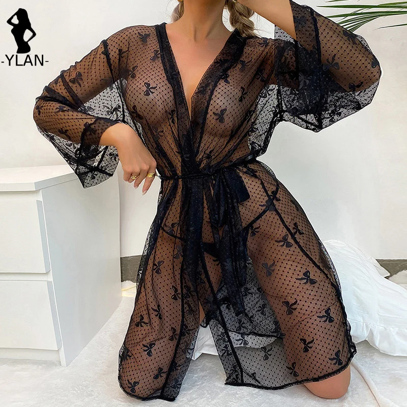 Sexy Frauen Nacht kleid Bogen Print Mesh Nachtwäsche Kleider für Freundin Langarm Cardigan Bademantel schwarz transparent Dusch gewand