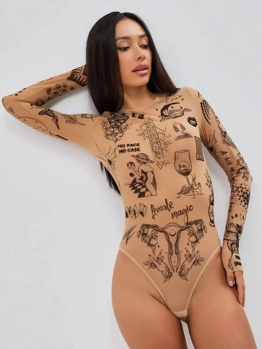 Spring and Summer New European and American Style Printed Sexy Spicy Girl Perspective Long-Sleeved Tight Jumpsuit for Women
