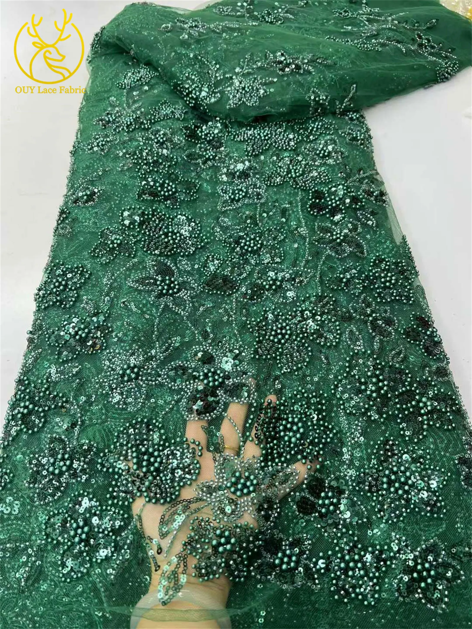Grüner afrikanischer Perlen-Tüll-Spitzenstoff 2026 Hochwertiger nigerianischer Pailletten-Spitzenstoff, ideal für Partykleider und Hochzeitskleider – Detail 6