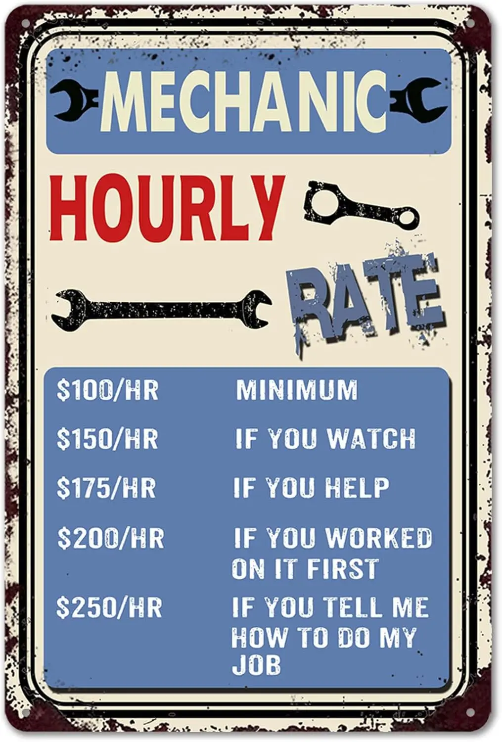 Garage Signs for Men Mechanic Gifts Man Cave Decor Hourly Rate Sign Vintage Metal Tin Shop Accessories Car Wall Art