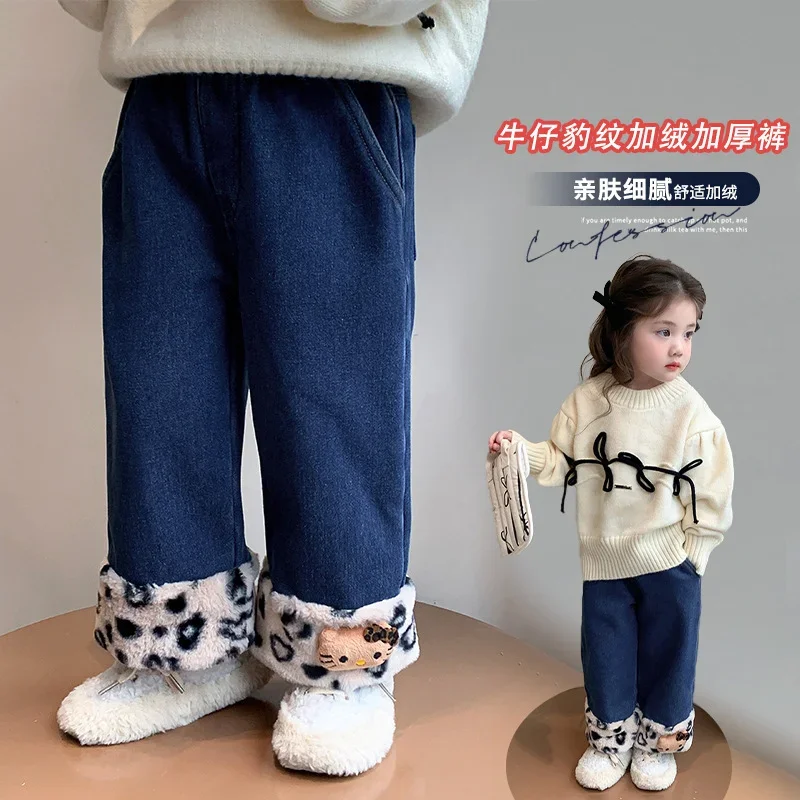 Sanrio winter Hello Kitty cute warm children's trousers cartoon doll leopard print fashion casual straight velvet jeans