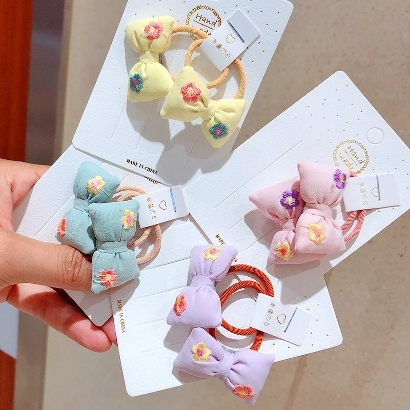 

Cute Children's Embroidered Small Bow Tie Rubber Band Embroidery Small Pillow Hair Loop Baby Hair Tie Hair Accessory