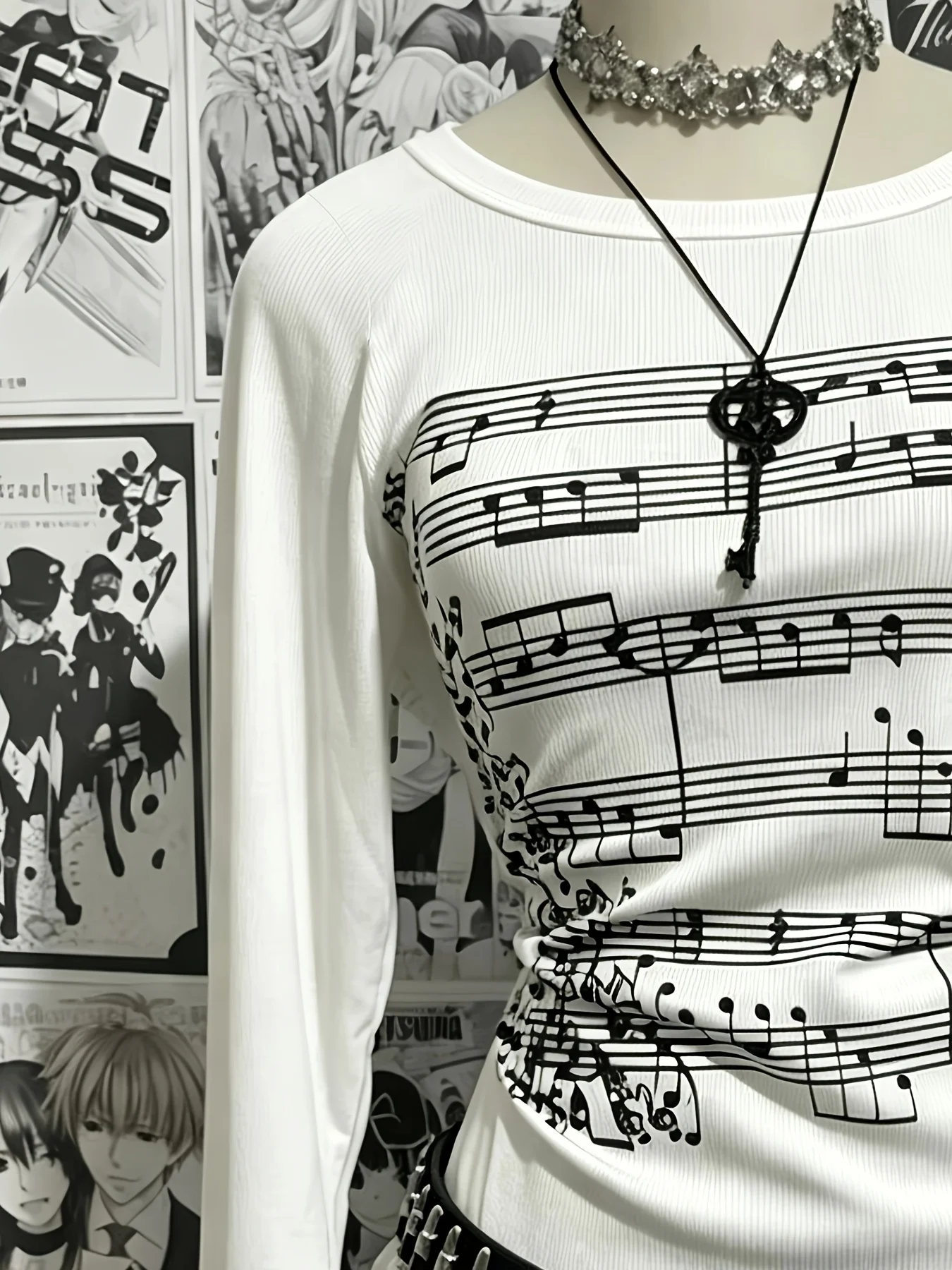 Women White Scoop Neck Ribbed Long Sleeve T-shirt, Black Staff Music Note Print Slim Y2K Layering Top