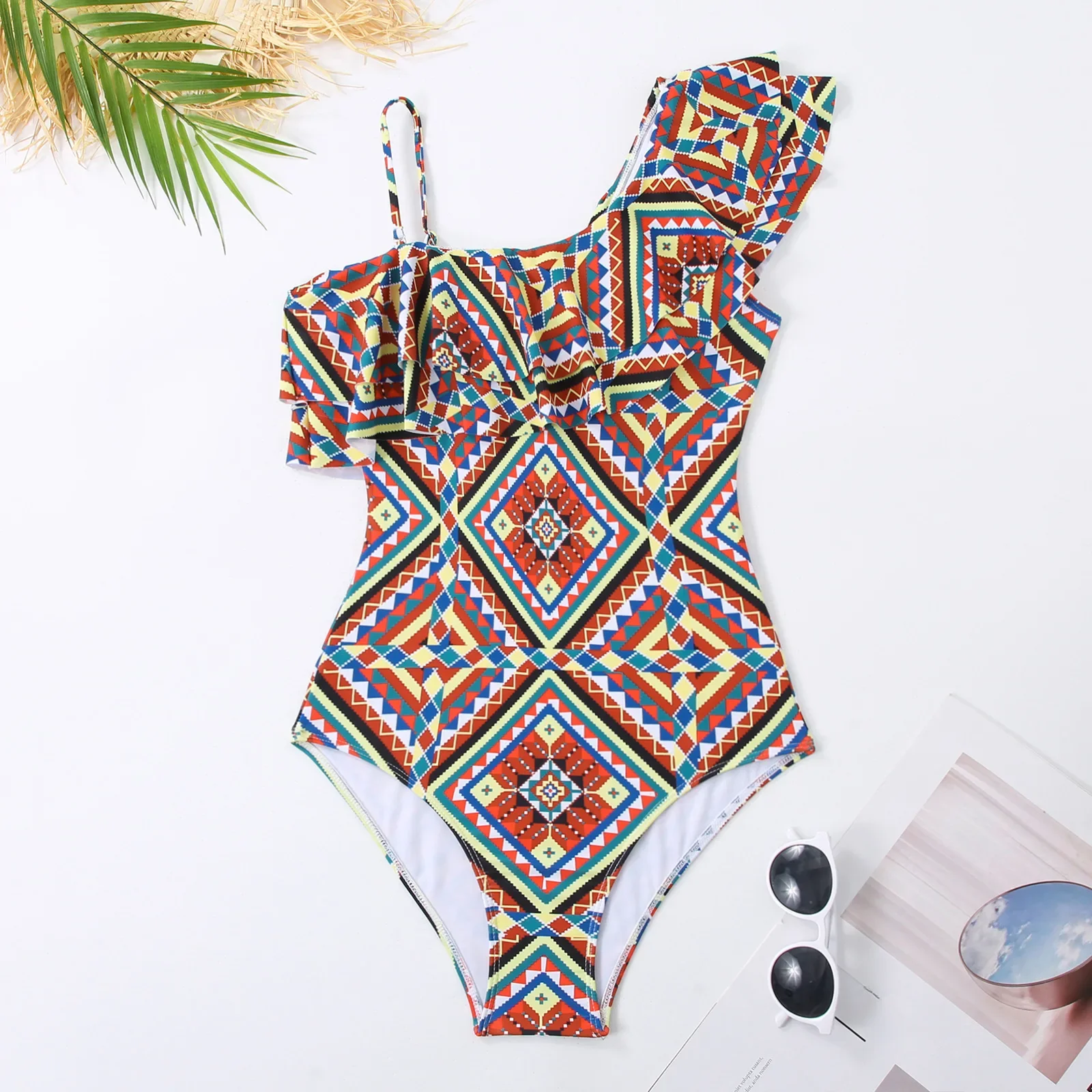 เซ็กซี่ One-piece ชุดว่ายน้ํากระโปรงชุดว่ายน้ําผู้หญิงบอดี้สูทหนึ่งไหล่ Ruffle Aztec Biquini ชุดว่ายน้ําชายหาดสระว่ายน้ํา 2024