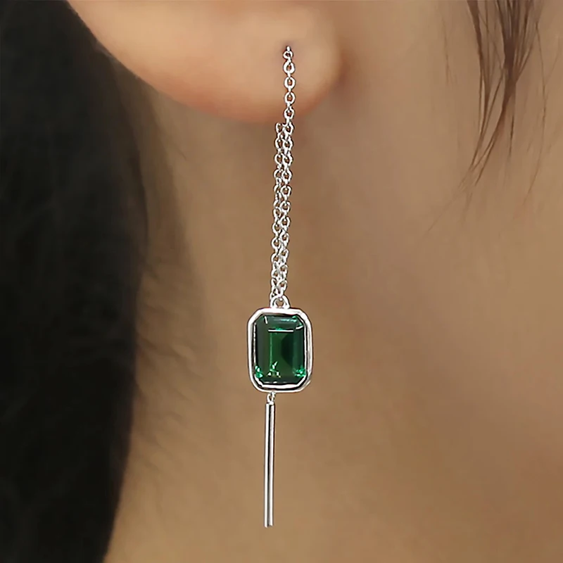 Huitan Long Wire Earrings with Green Cubic Zirconia Simple Fashion Women Earrings Piercing Statement Accessories Wedding Jewelry