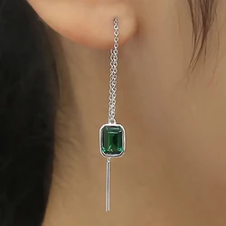 Huitan Long Wire Earrings with Green Cubic Zirconia Simple Fashion Women Earrings Piercing Statement Accessories Wedding Jewelry