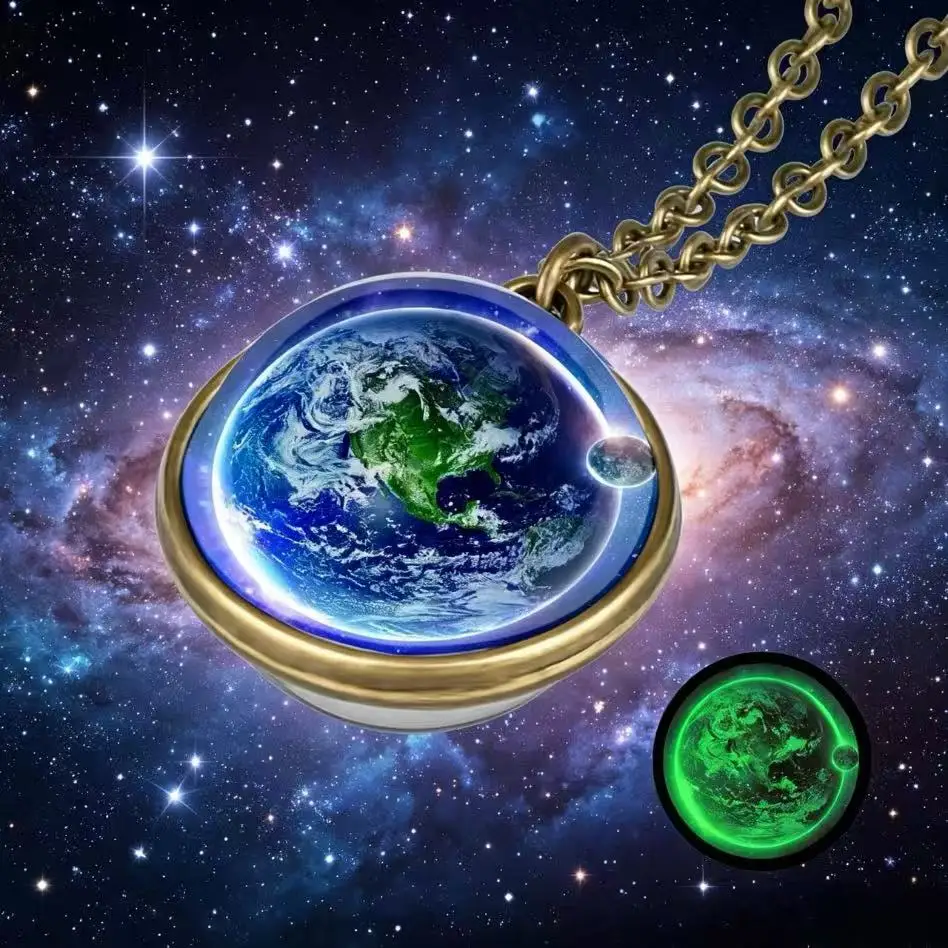 18mm Night Glow Double-sided Glass Sphere Pendant Nebula Galaxy Solar System Link Chain Necklace Universe Planet Jewelry Gift