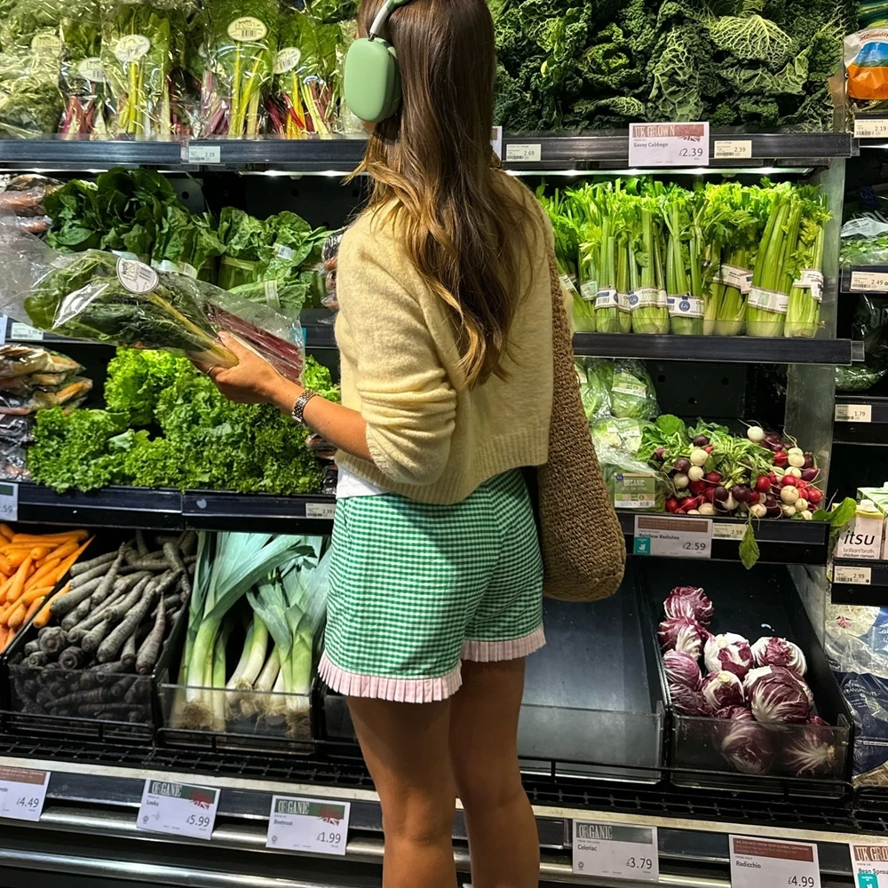 Hasaki-Boxer à ourlet à volants plissés pour femmes, manteaux élastiques, taille haute, imprimé à carreaux, patchwork, jambe large, bas de sortie, Y2K