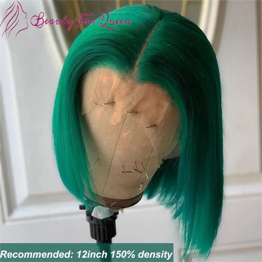 Pelucas de cabello humano de color verde oscuro, pelo corto Bob con encaje Frontal, brasileño, Remy, 150% de densidad