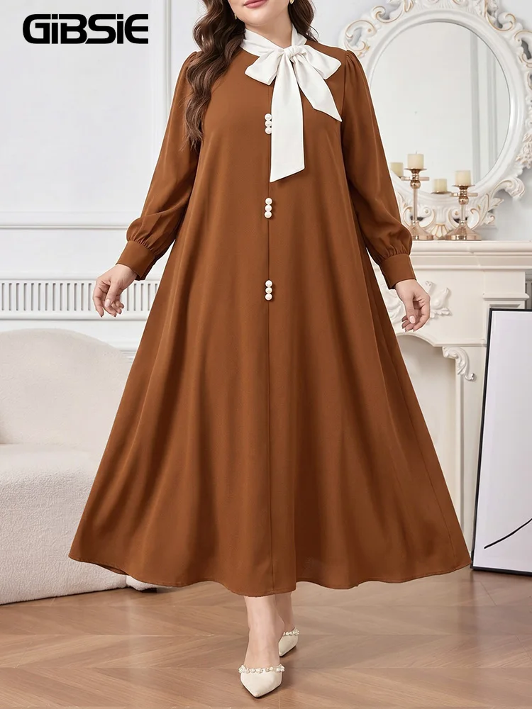 GIBSIE Plus Size Bow Tie Neck Beading Long Dress Women Spring Autumn Long Sleeve Elegant Big Swing Loose Maxi Dresses 2026 New