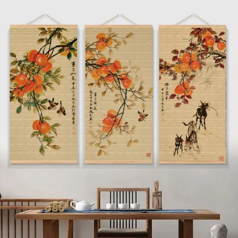 Bamboo Scroll Wall Art Persimmon Lucky Charm No Drill Hanging for Dormitory Decoration College Student Gift Small Space
