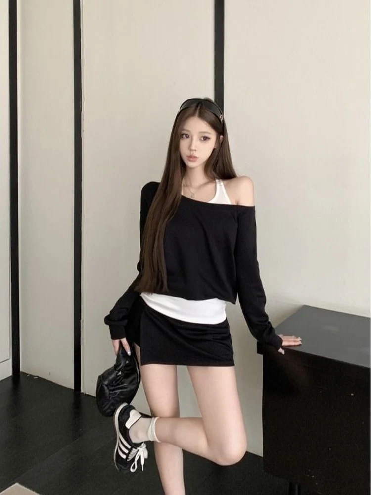 KING BRAND Anti-Aging oulder-Bared Long Sve Sweatirt Design Split Tight-Fit f Skirt Women's Autumn Set Casual Chic view 2
