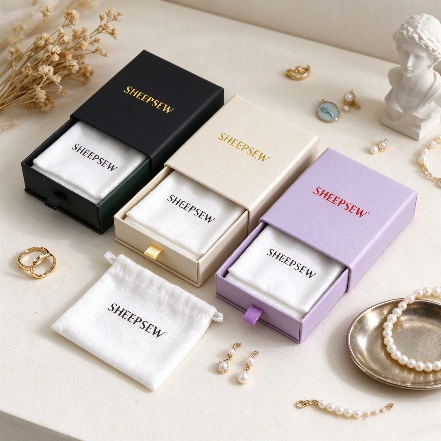 SHEEPSEW Jewelry Packaging Set Customized Logo 9x9x2.5cm Sliding Drawer Box + 8x8cm Herringbone Cotton Bag For Earring Ring Wedd