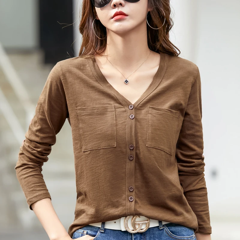 TuangBiang Spring Summer 2023 Cardigan Cotton T-Shirt Women Two Pocket Sexy Deep V-Neck Long Sleeve Tshirt Loose Office Lady Top