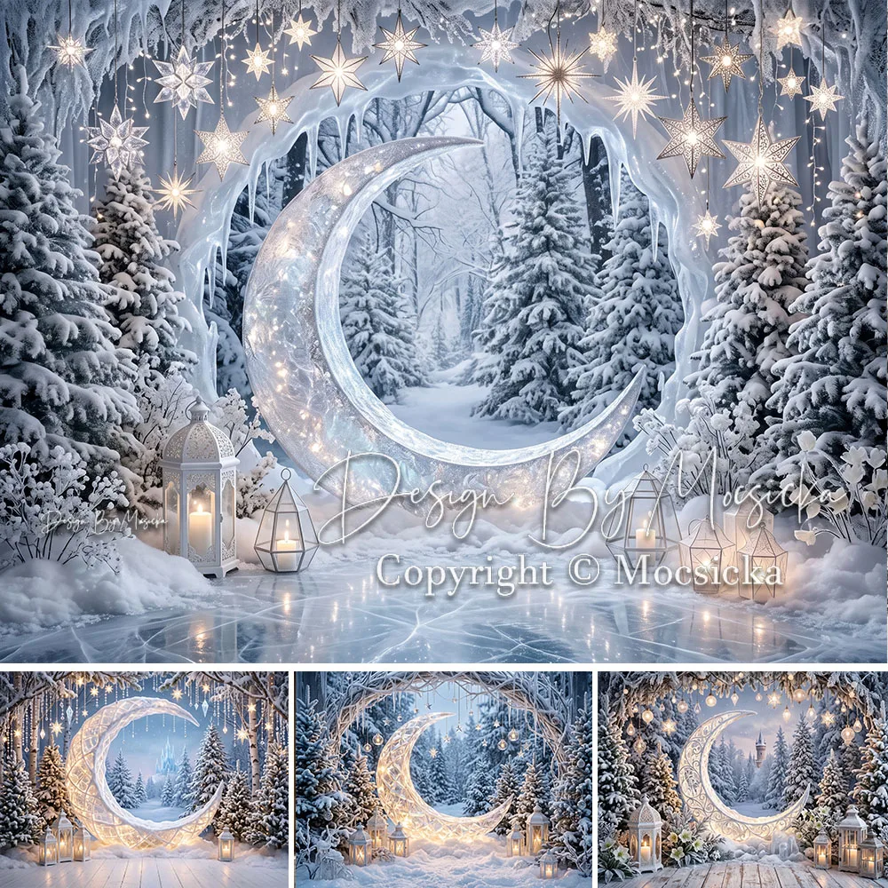 Mocsicka Winter Frozen Forest Backdrop Photography Glitter Lantern Moon Snowy Floor Background Winter Kids’ Holiday Studio Photo