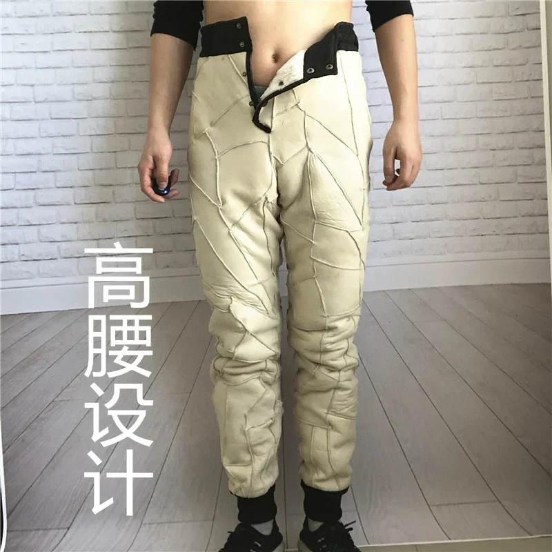 2024  men's fur all-in-one splicing foot pants winter sheepskin liner warm pants