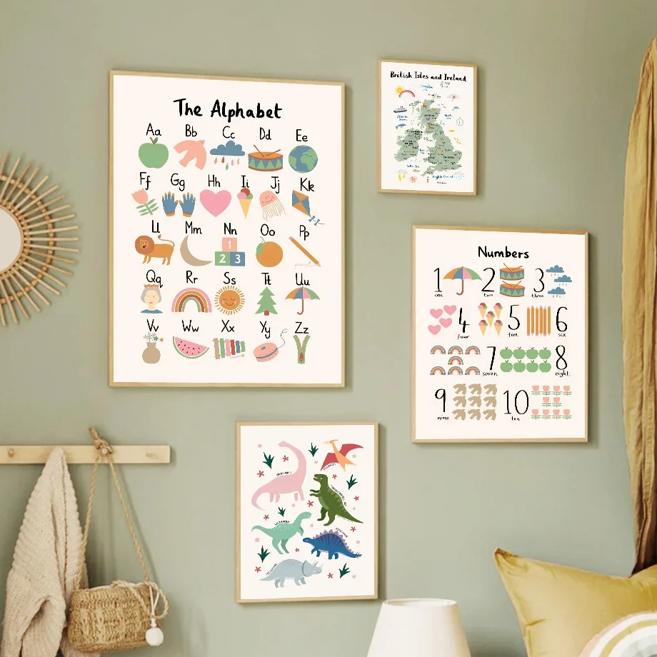 Animal World Map Dinosaur Alphabet Number Canvas Wall Art Painting Poster Prints for Baby Kids Nursery Room Home Decor Pictur