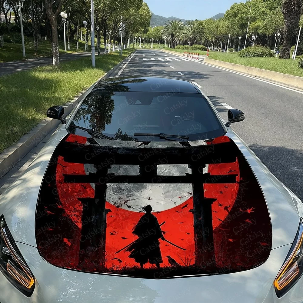 

This striking car hood decal features a samurai warrior silhouette against a vibrant red backdrop with traditional Japanese tori