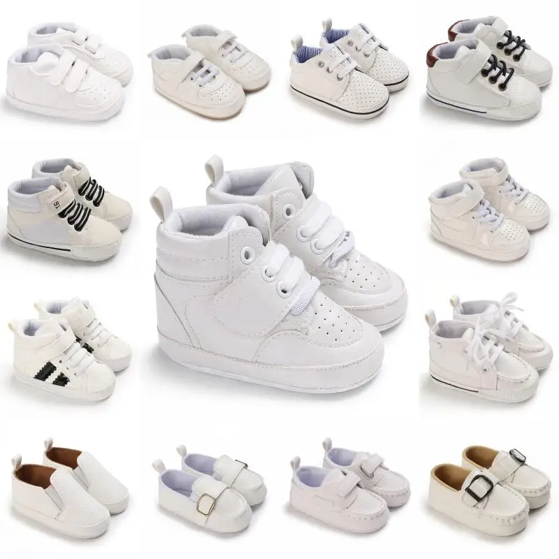 0-18M scarpe da neonato ragazzo ragazza Sport suola morbida in pelle PU First Walker Sneakers Casual scarpe da battesimo bianche