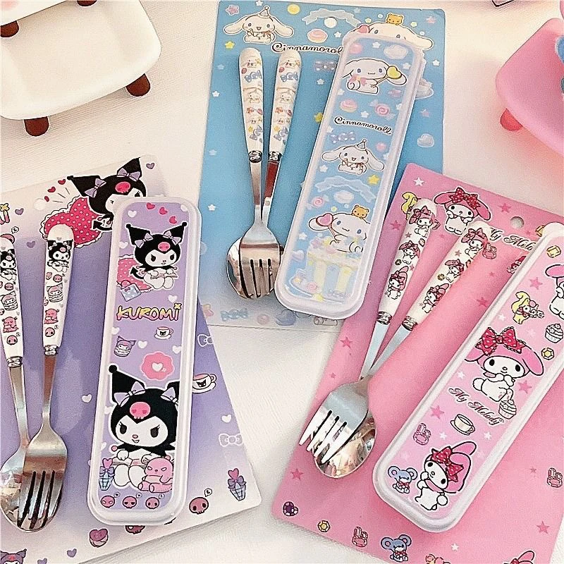 

Portable Cute Pattern Cinnamorolls Cartoon Stainless Steel Cutlery Kuromis Three-piece Set Spoon Fork And Chopstick Cutlery