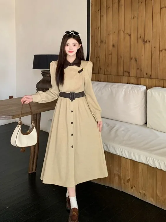 

plus Size Collar Long Sleeve A-Line Dress Women's Autumn New Waist Cinched Midi Dress Korean Style Commute Fashion