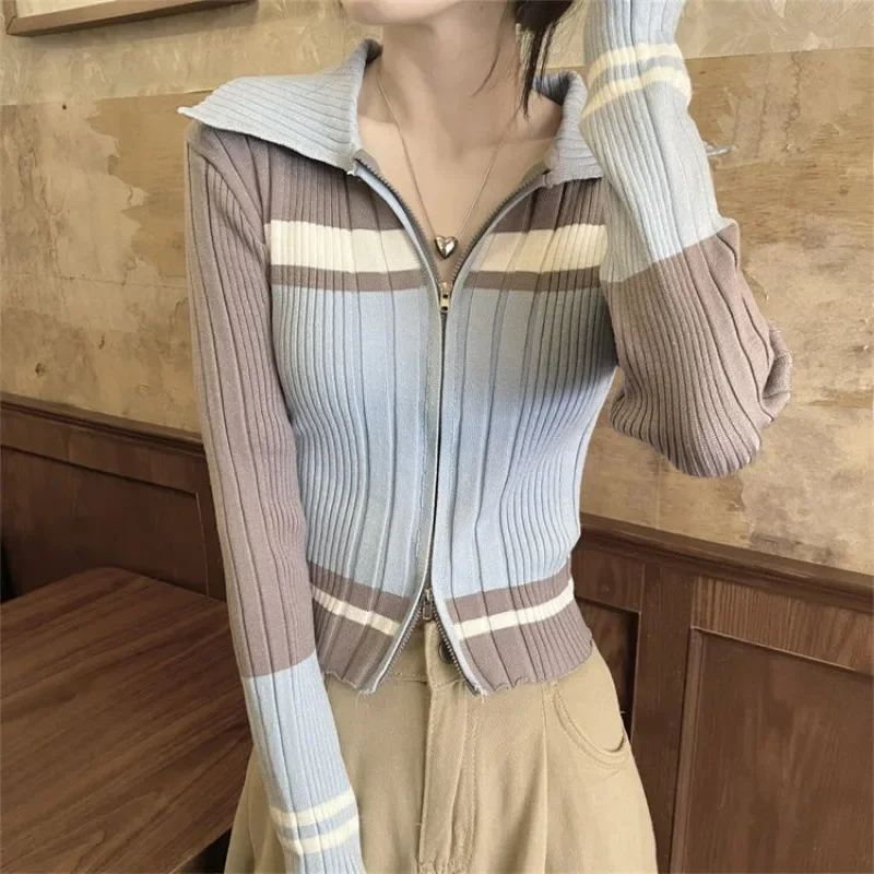 

Spicy Girl Contrast Color Double Zipper Lapel Knitted Cardigan Women Slim Fit Inner Wear High Sense Long Sleeve Bottoming Top