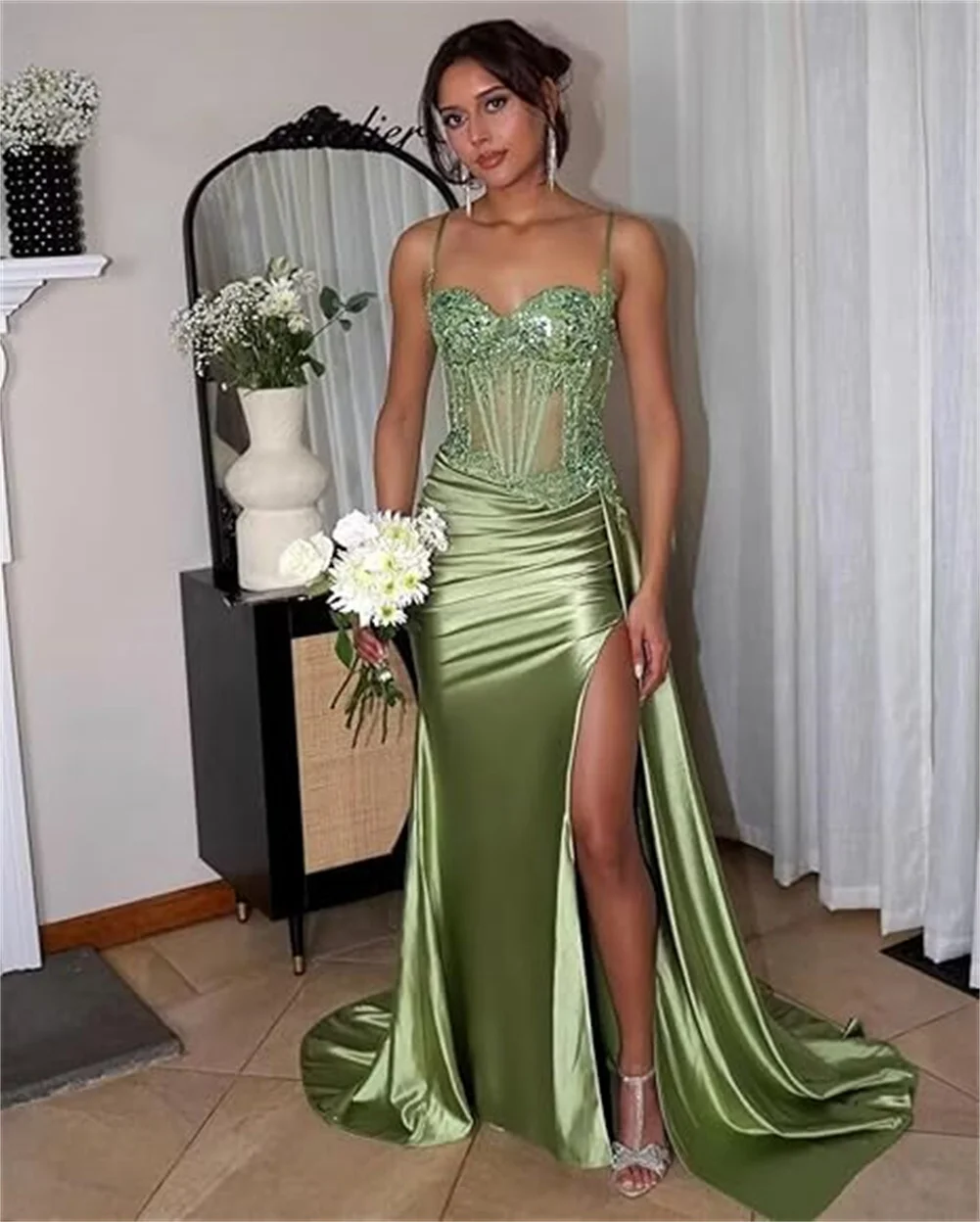 

Customized Women's Mermaid Satin Long Prom Dress Spaghetti Strap Lace Applique Formal Evening Gowns Side Slit Corset Party Dress
