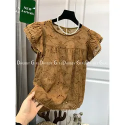 Korean Vintage Fly-Sleeved Brown Party T-Shirts Girls Tshirts Short Comfortable Fashion Tops For Women