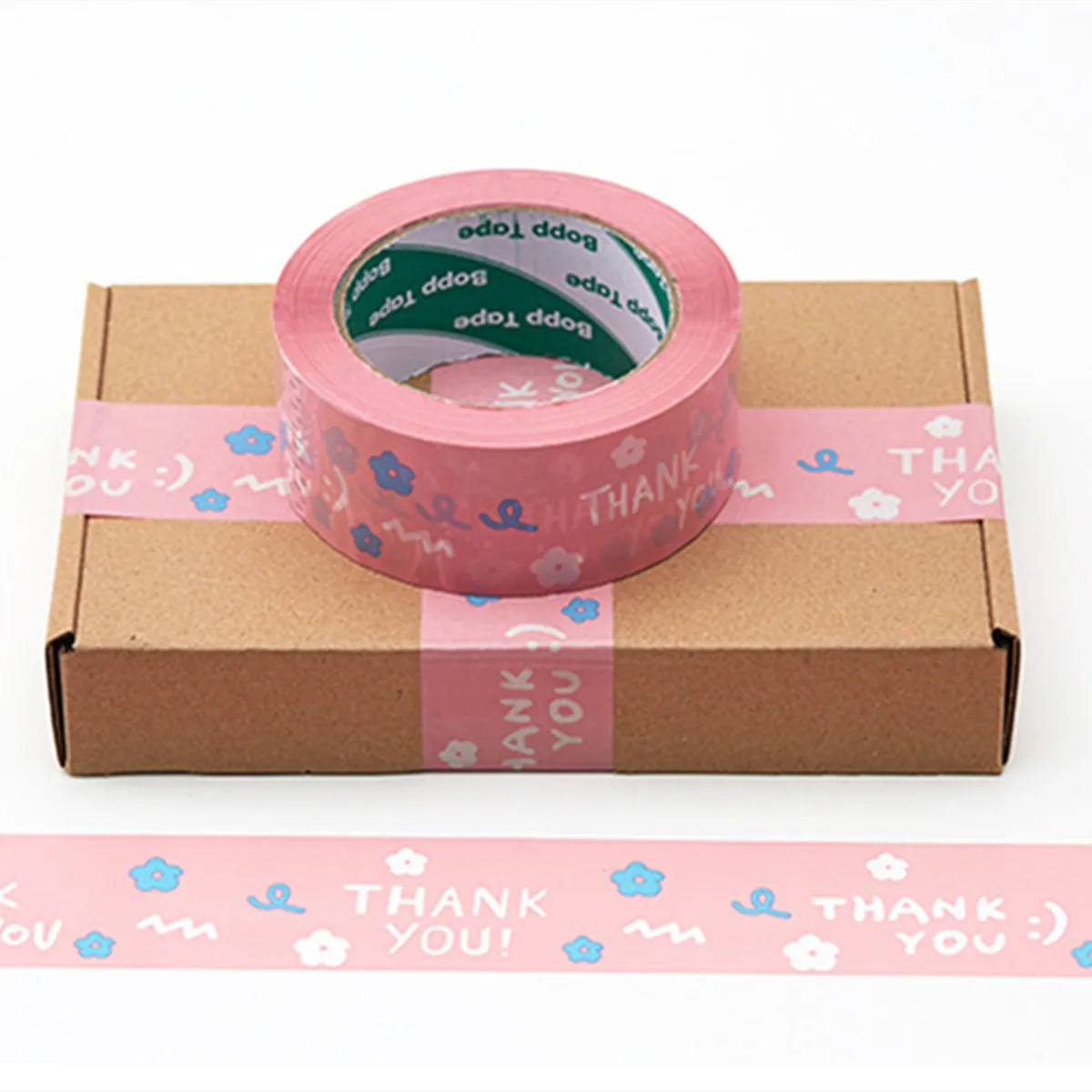 1 Roll of 4.5Cm*100M Pink Flower Thanksk You Tape, Thank You Gratitude Cartoon Sealing Tape, Self-Adhesive Gift Bag Carton Packaging Tape