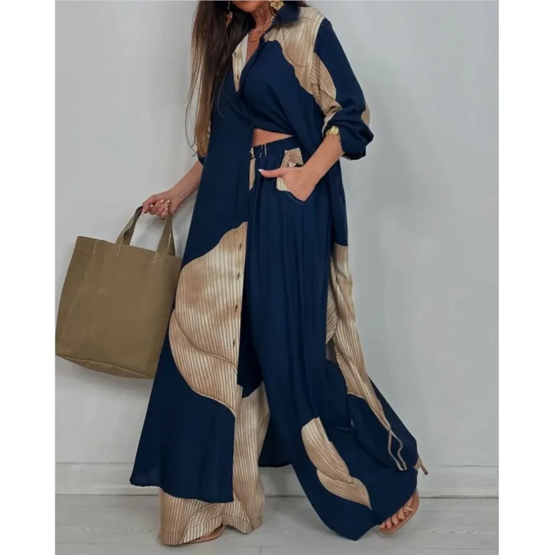 Color Block Print Two Piece Set Women Long Sleeve Button Shirt High Waist Wide Leg Pants Vacation Outfit Tracksuit Vestido