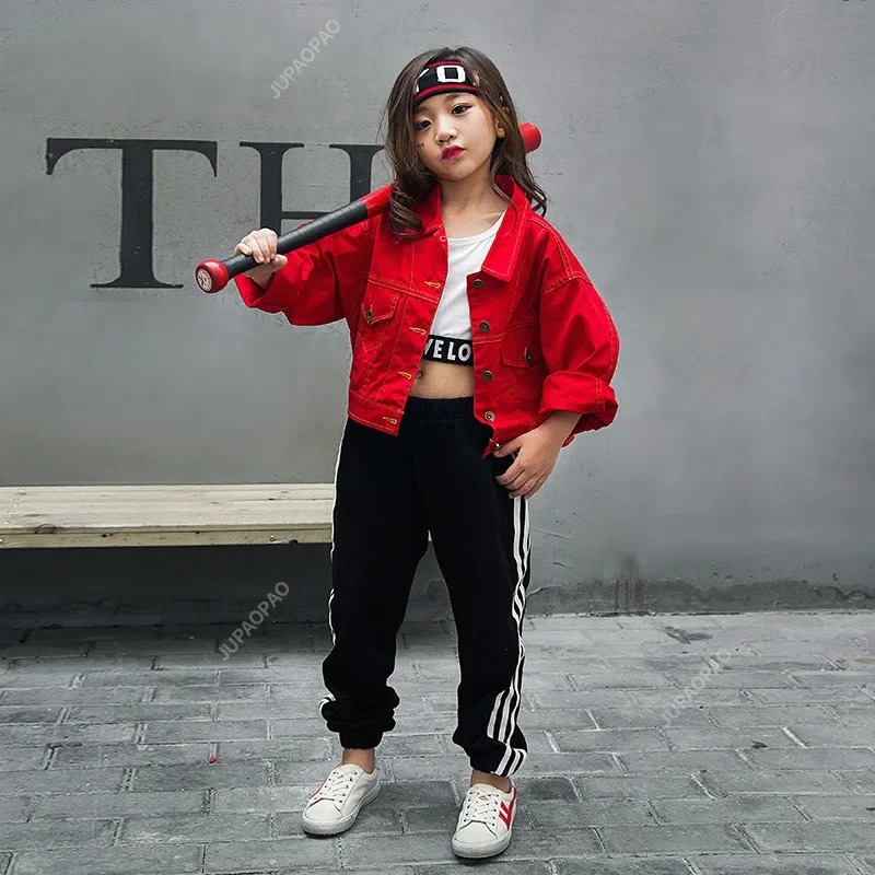 Ropa de baile de Jazz de Hip-hop para niños, traje de pantalón de espectáculo, trajes de escenario k-pop, ropa de baile urbano para niñas, trajes rojos, negros y blancos de 3 uds.