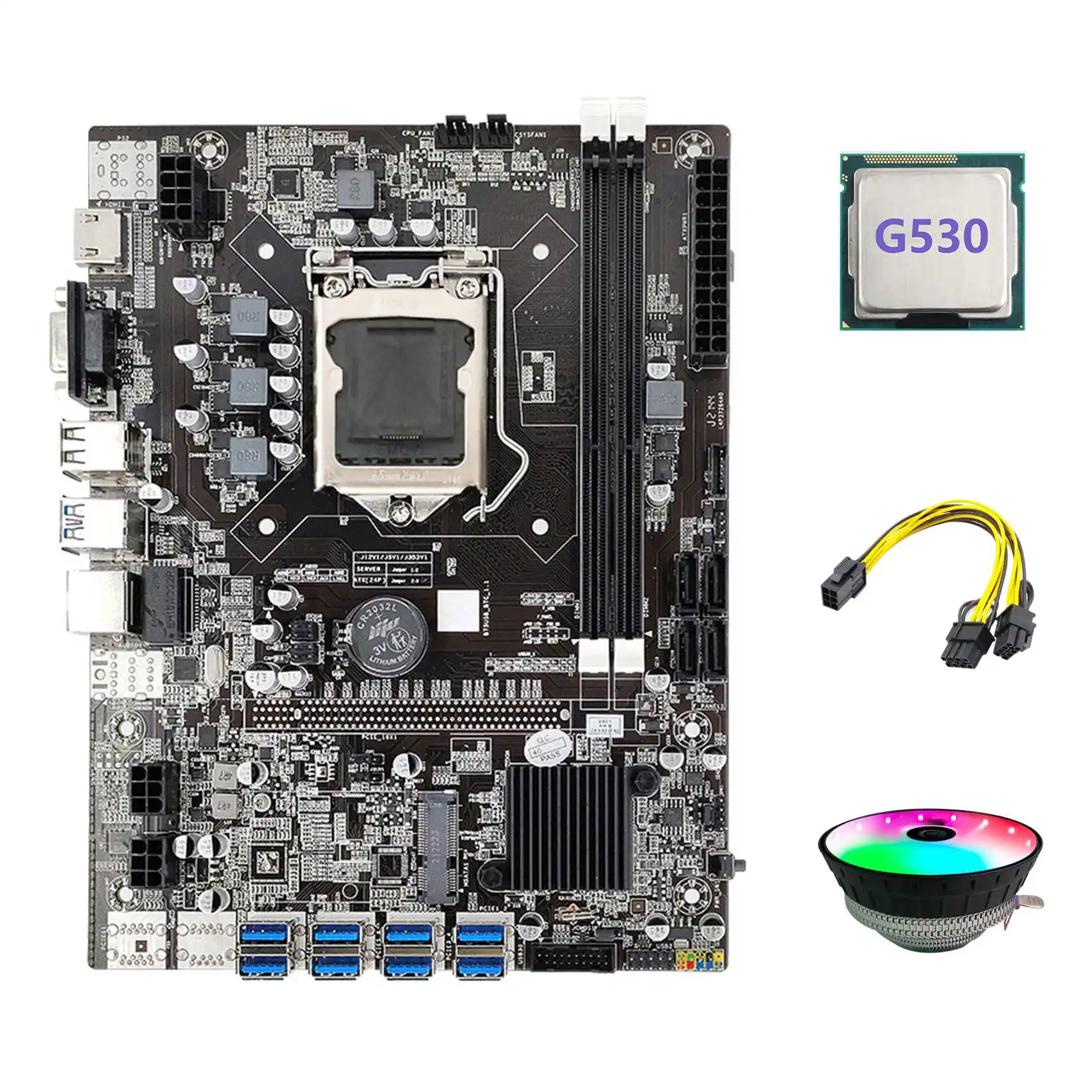 

B75 ETH Mining Motherboard 8XPCIE to USB+G530 CPU+RGB Fan+6Pin to Dual 8Pin Cable LGA1155 B75 BTC Miner Motherboard