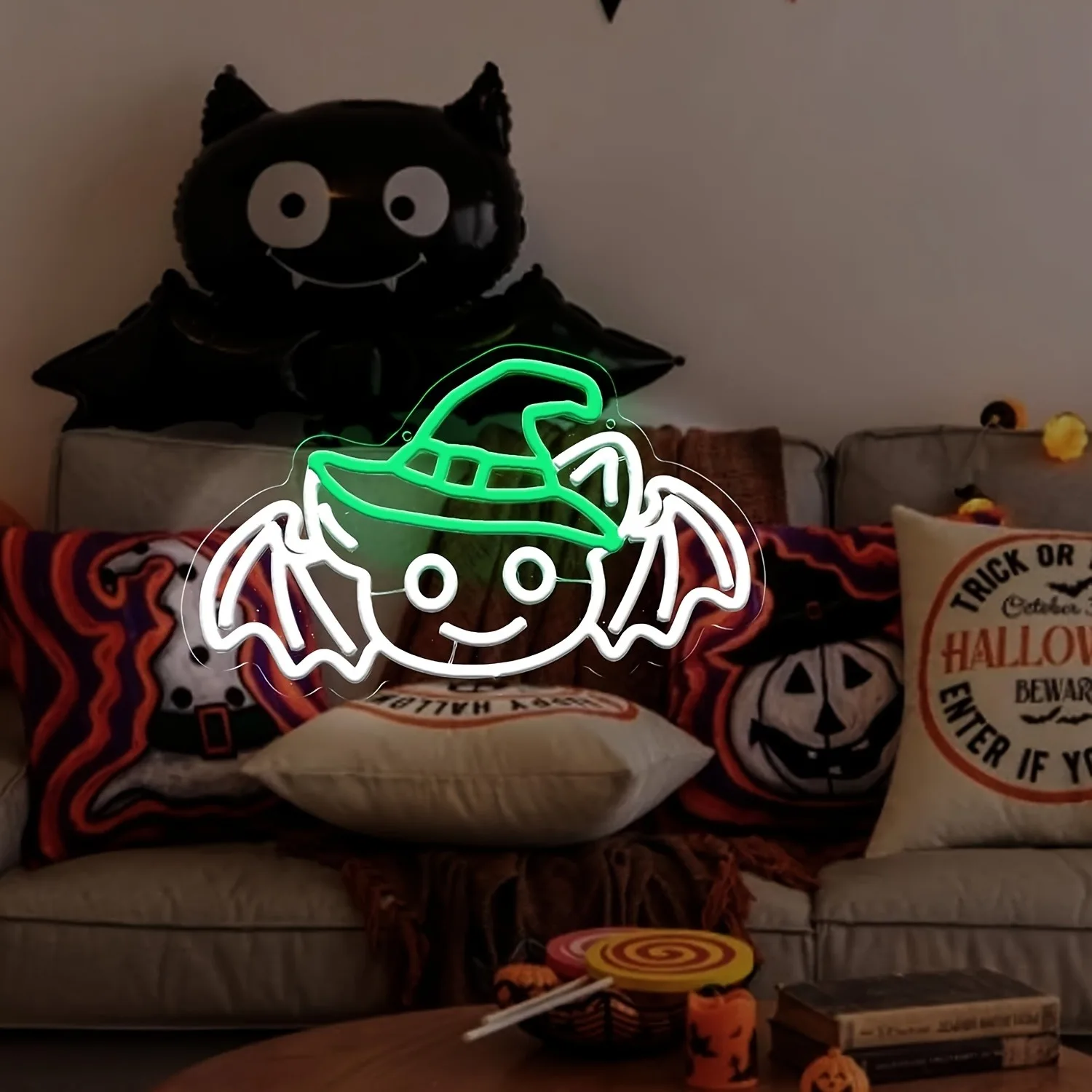 LED Neon Sign Wizard Hat Bat Neon Light Wall Decor for Bedroom Bar Helloween Party Man Cave Gift for Family Friend USB Powered