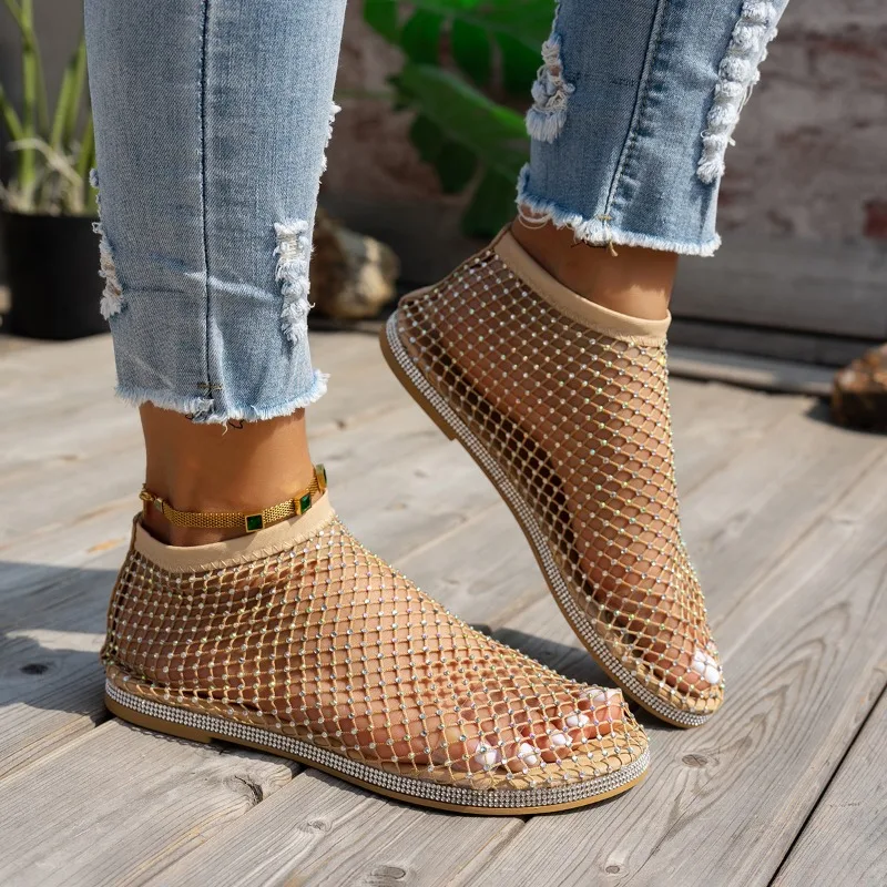 New Luxury Rhinestone Designer Women's Sandals Elegant Hollow-Out Slip-on Flat Shoes Summer Casual Evening Mary Jane Shoes 36-41