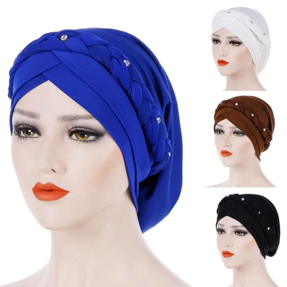 Braid Turban Hat Muslim Headpiece Underscarf Hair Cover With Diamon Islamic Turban Muslim Turbante Head Scarf Women's Hijabs