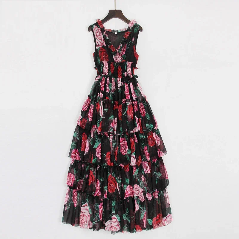 2023 nowa projektantka mody na wybiegu damska letnia bez rękawów z dekoltem w szpic róża w kwiatowy wzór z falbanami w elastyczną talię sukienki na wakacje