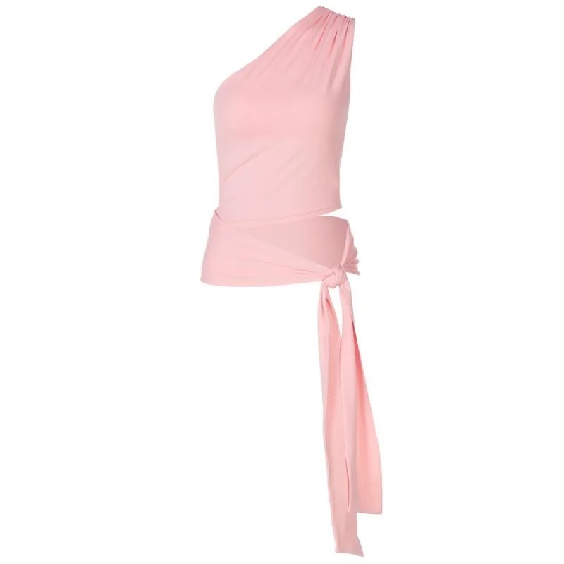 منتج جديد لربيع وصيف 2025 بدون أكمام ملابس علوية نسائية ضيقة مثيرة ومثيرة للفتيات على الخصر بدون أكمام بكتف واحد