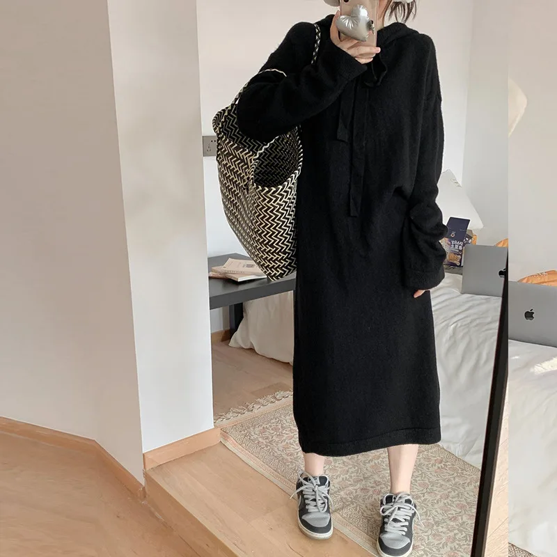 Women Loose Long Dress Hooded Knit Casual Full Sleeve Thick Dresses Sweaters Elegant Lady Vestidos Solid Autumn Winter