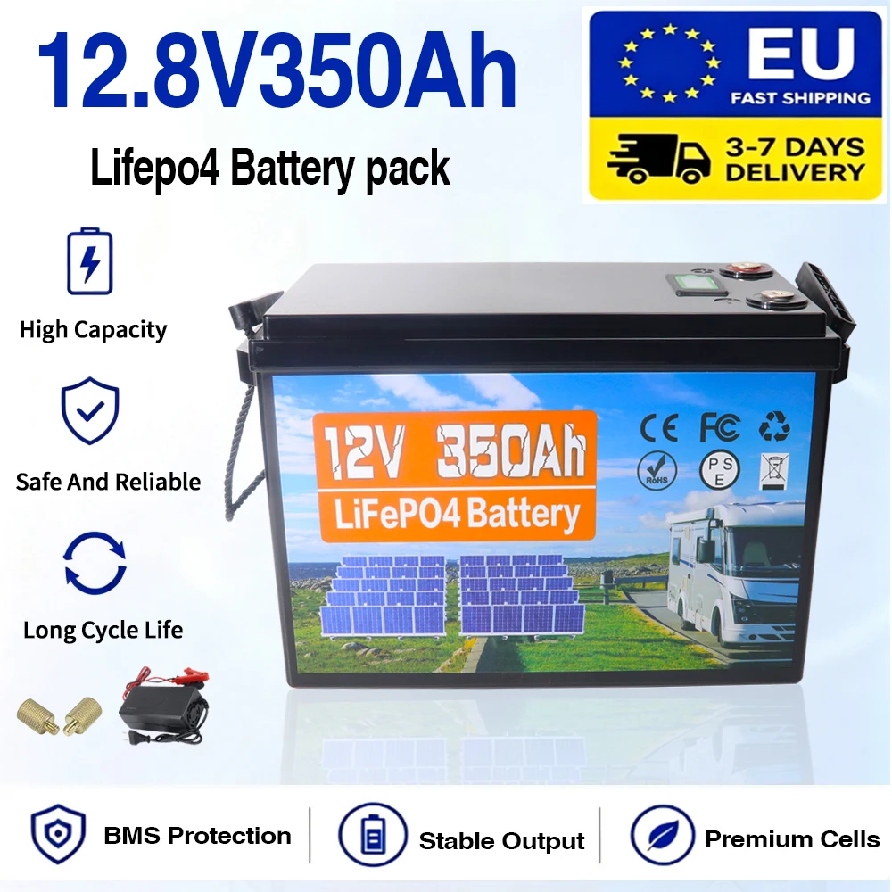 Lifepo4 12V 350Ah 12V 200Ah Batterie mit kostenlosem Ladegerät, 12,8V Lithium-Batterie mit integriertem 100A BMS, Lithium-Eisenphosphat-Zellen, EU-Lager, schnelle Lieferung