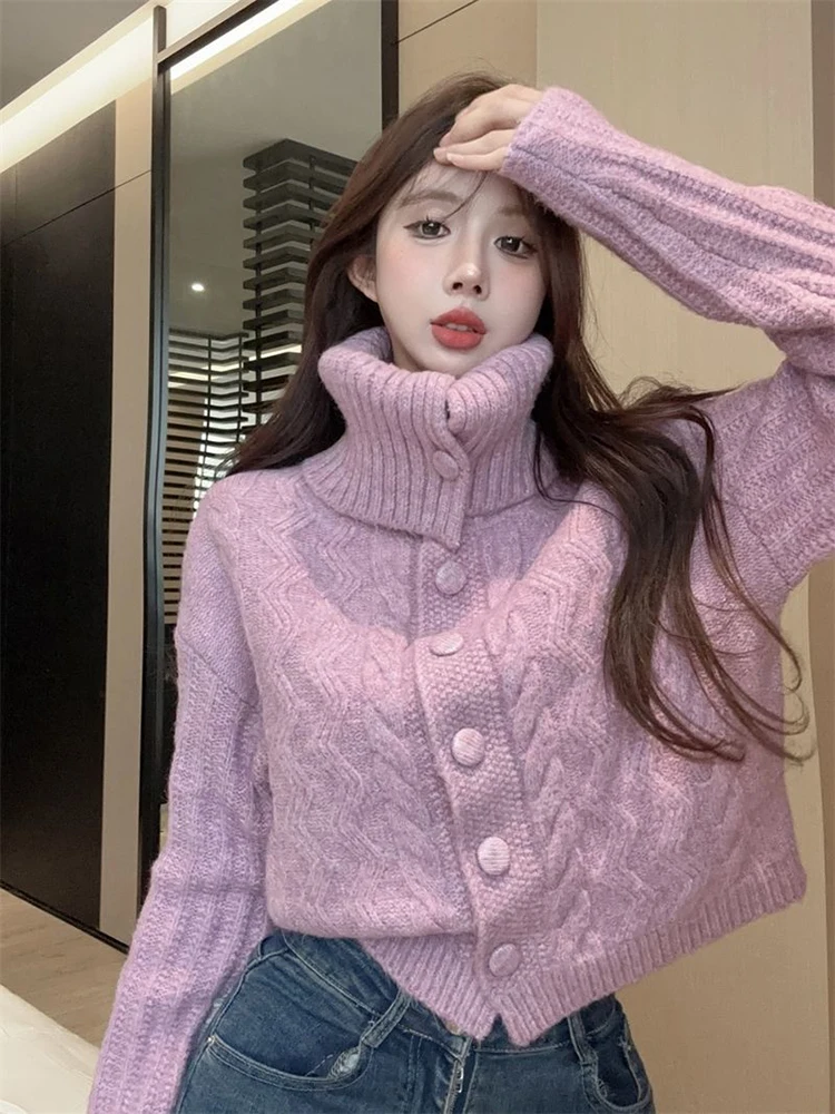 

Cropped Knit Cardigan Women Long Sleeve Casual Lazy Wind Solid Button Turtleneck Sweater Autumn Winter Warm Aesthetic New Tops