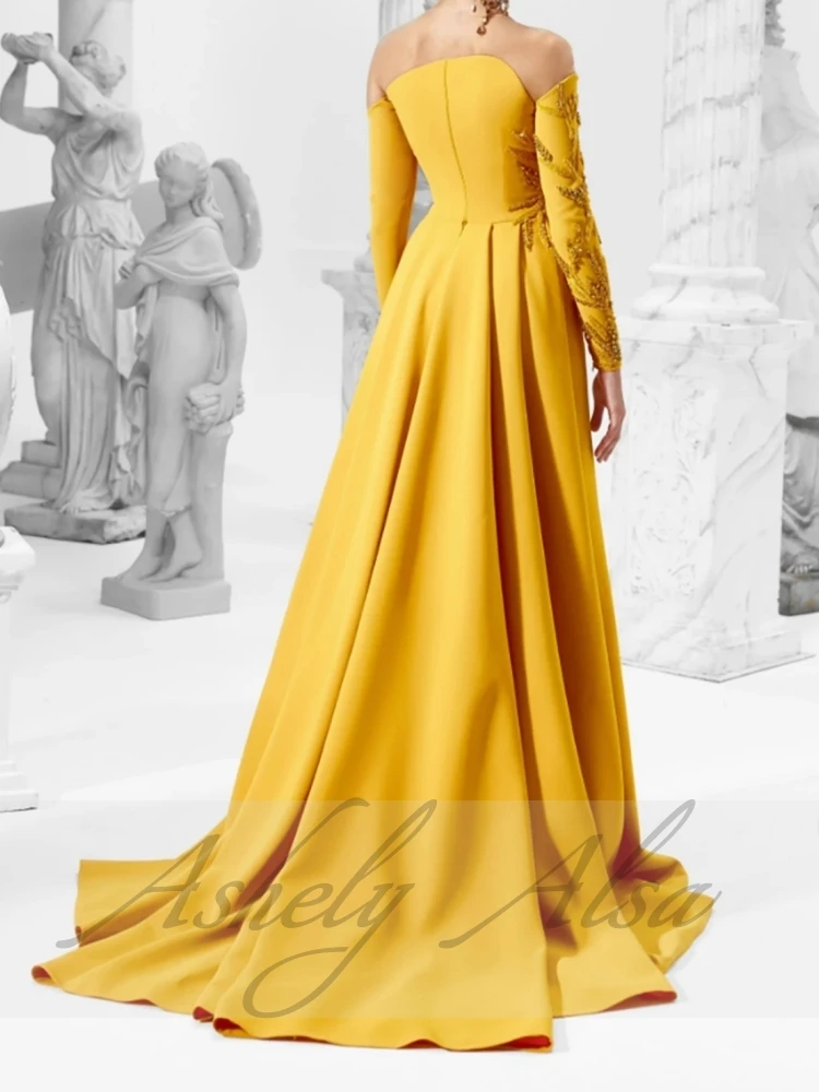 NA368 Customized Gold Yellow Long Sleeve Evening Dresses Off Shoulder Sexy Split Women Formal Occassion Wear Wedding Party Dress