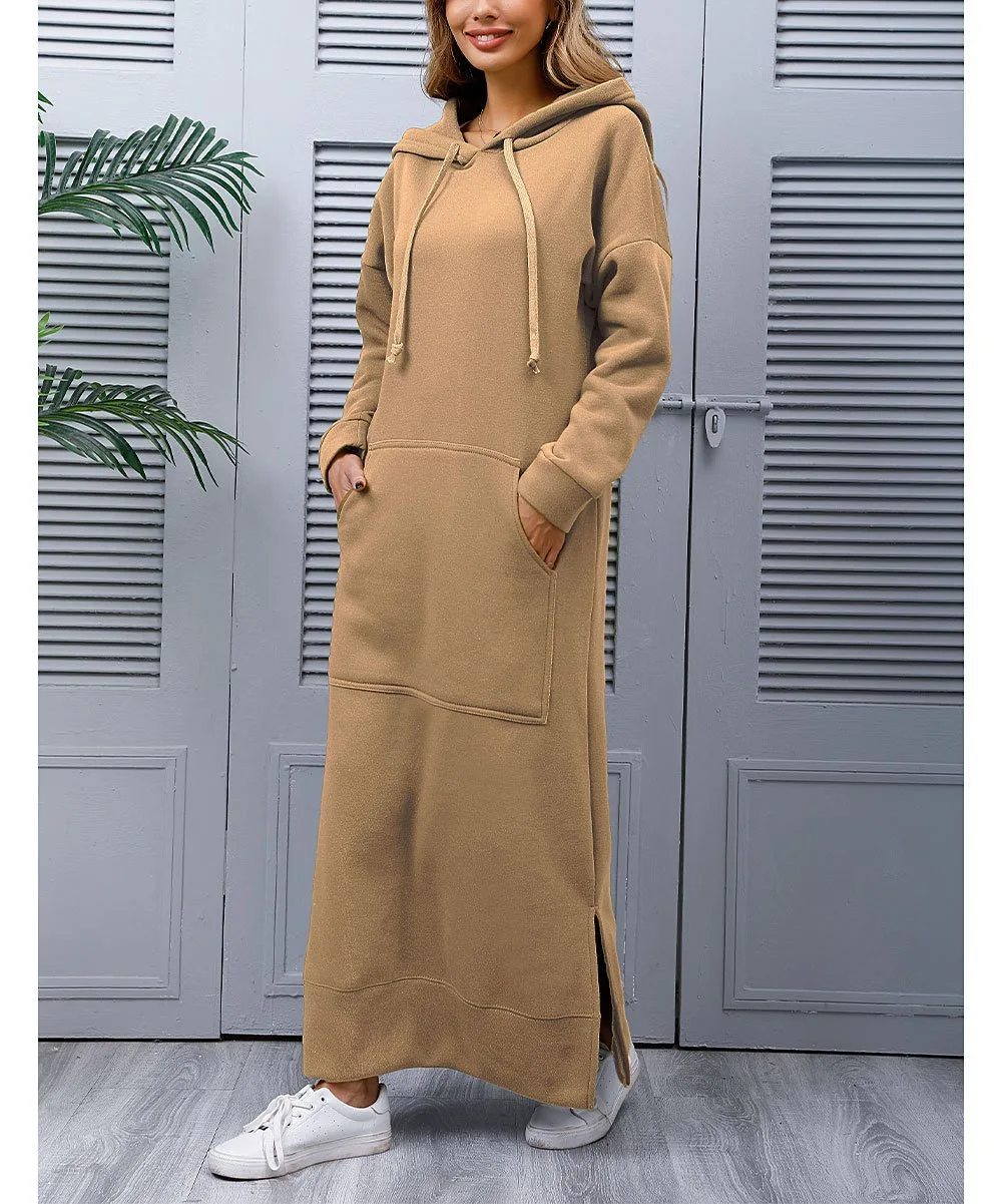 Women\'s Clothing Autumn and Winter New Fashion Knitted Hooded Dress Fleece-lined Sweater Casual Dress