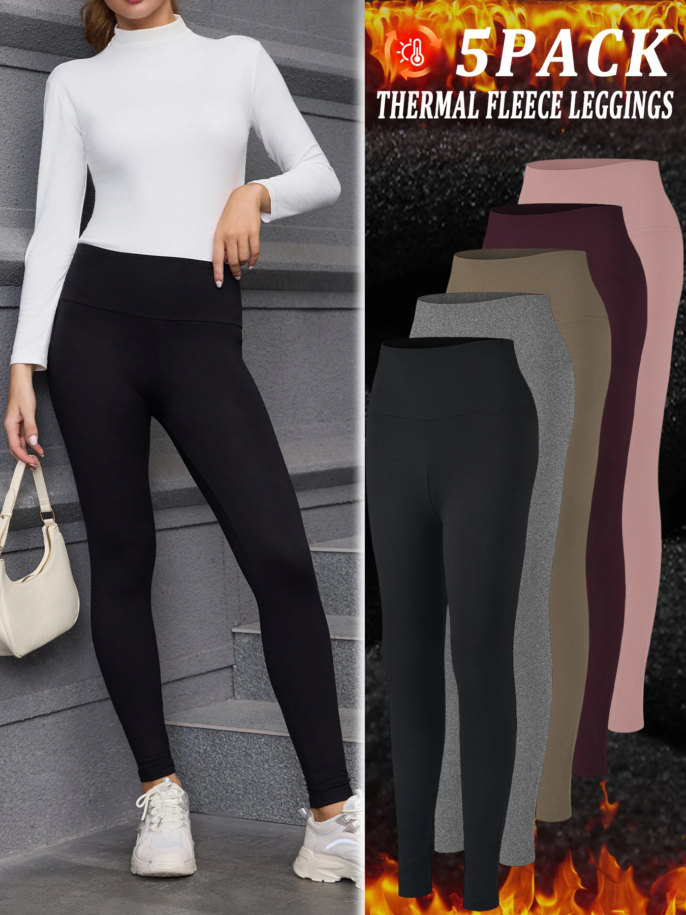 

5 Pack Womens Thermal Fleece Lined High Waisted Leggings Workout Winter Warm Thick Tights Soft Yoga Pants