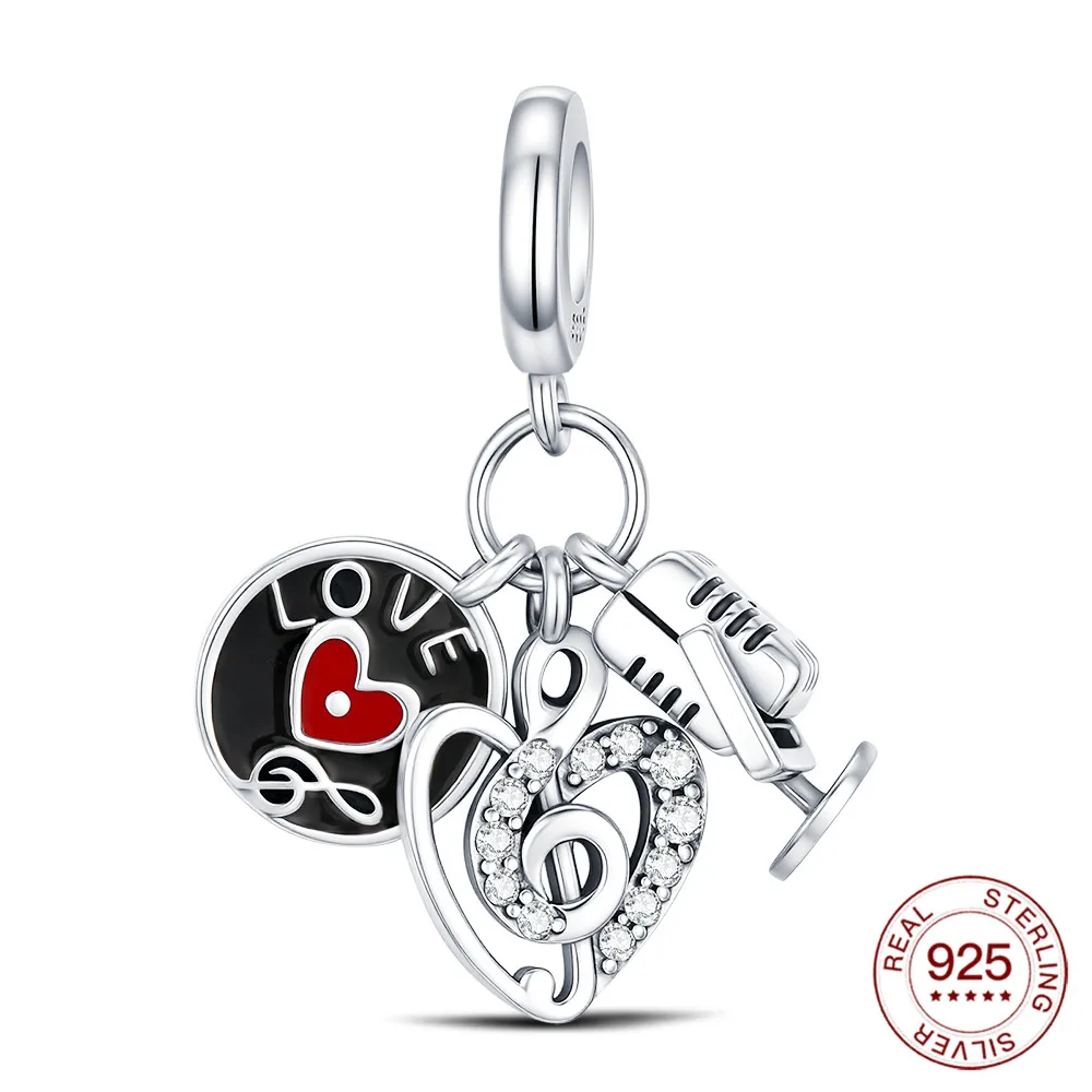 New 925 Sterling Silver Charms I Love Music Three-Piece Pendant Fit Original Bracelet Charm DIY Jewelry Gifts For Woman