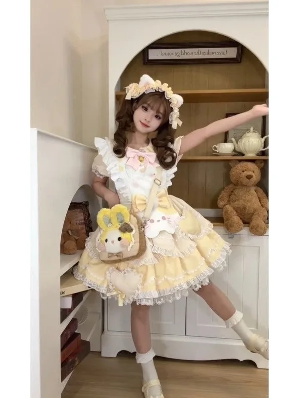 Sweet Lolita gele taartrok Princ Sle Dr met strik taille Cinching Flng Sve schort set ort Sve Summer Dr