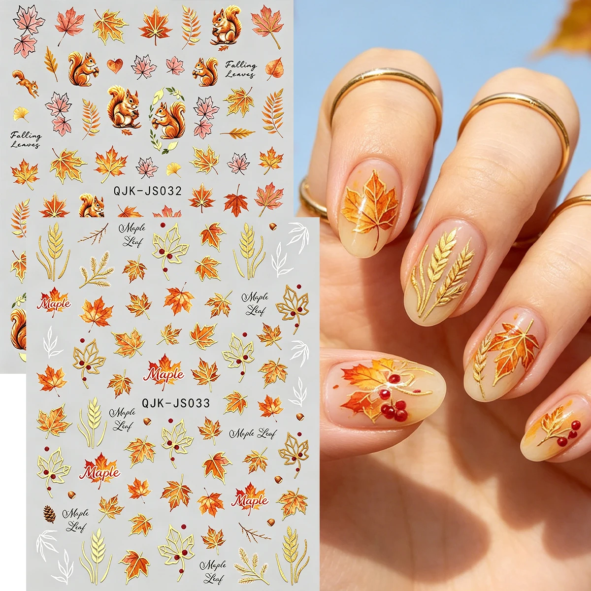 2 Sheets Autumn Rustic Golden Foil Nail Stickers, Golden Leaf Maple Squirrel Wheat Nail Decals, Fall DIY Nail Art Decorations
